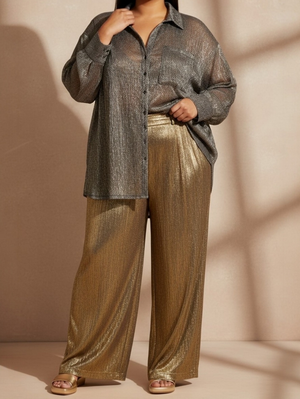 Pilcro Metallic Sheer Button Down Shirt - Long Sleeve Glam Party Top Size 3X